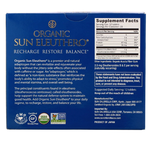 Organic Sun Eleuthero Supplements ingredients. Back of the box.